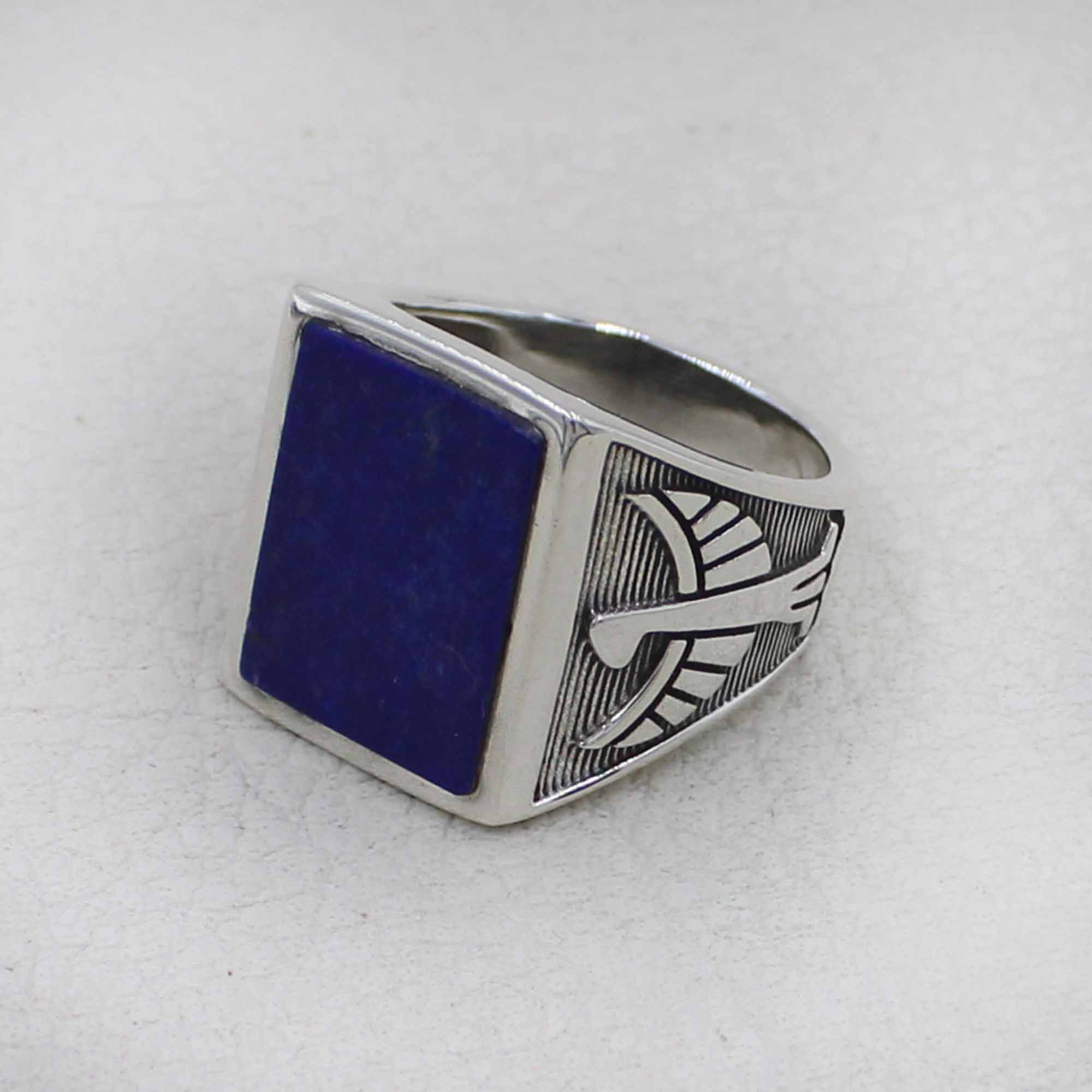 Men’s Sterling Silver Ring with Blue Lapis Lazuli Stone – Vintage Eagle Design