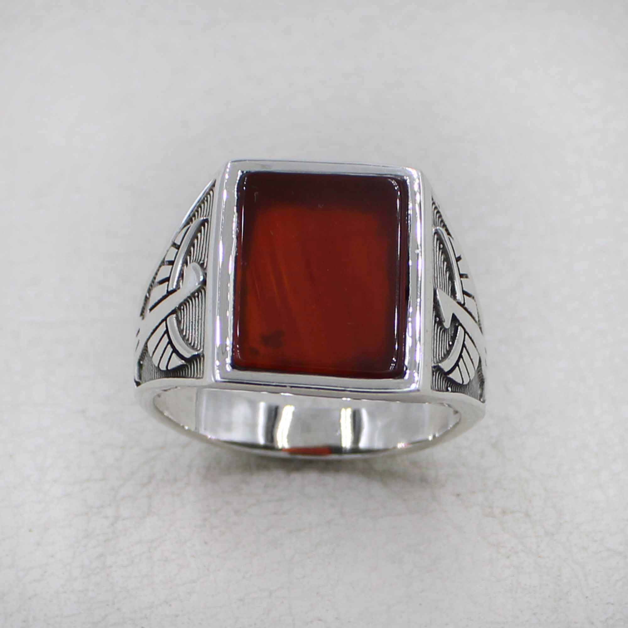 Men’s Sterling Silver Red Onyx Ring – Eagle Engraved Statement Design