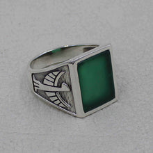 Men’s Sterling Silver Green Onyx Ring – Engraved Eagle Design