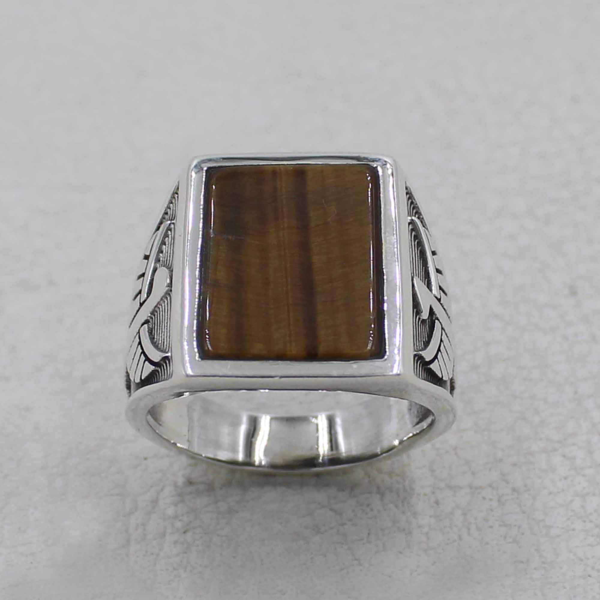 Tiger’s Eye Signet Ring for Men – Tribal Eagle Side Design