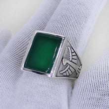 Men’s Sterling Silver Green Onyx Ring – Engraved Eagle Design