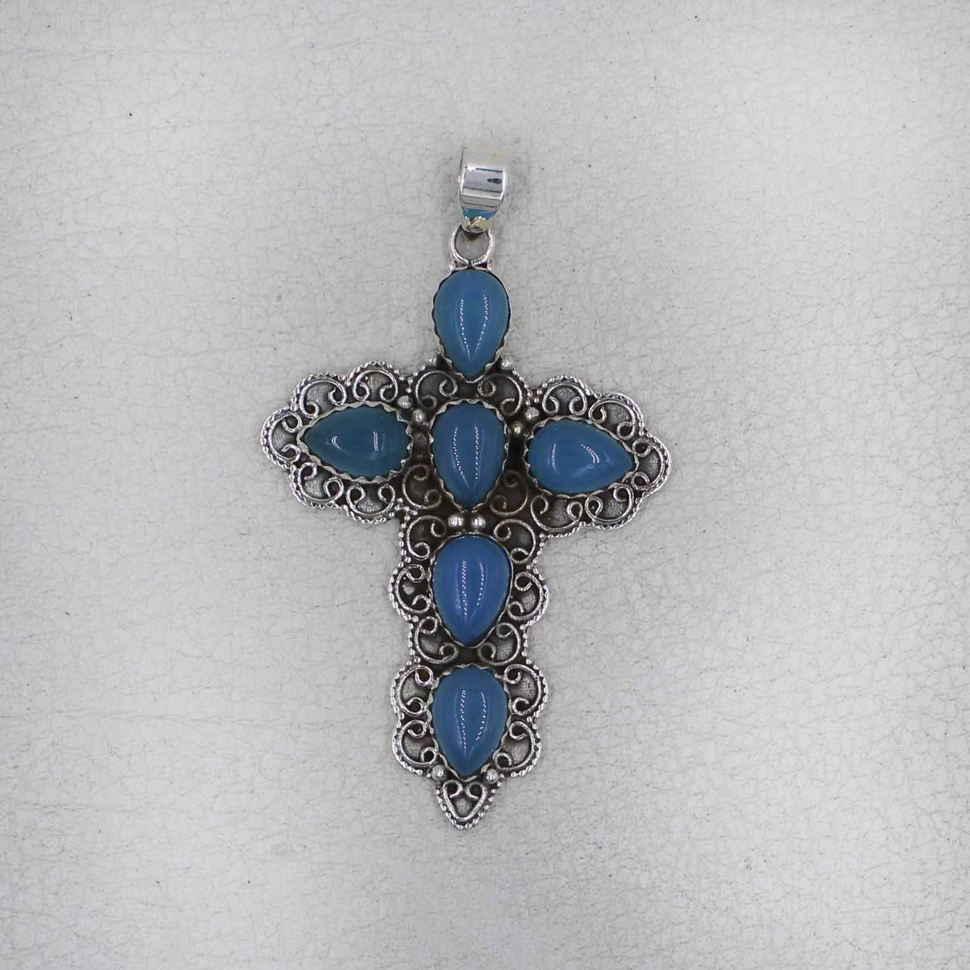 Blue Chalcedony Cross Necklace in Sterling Silver
