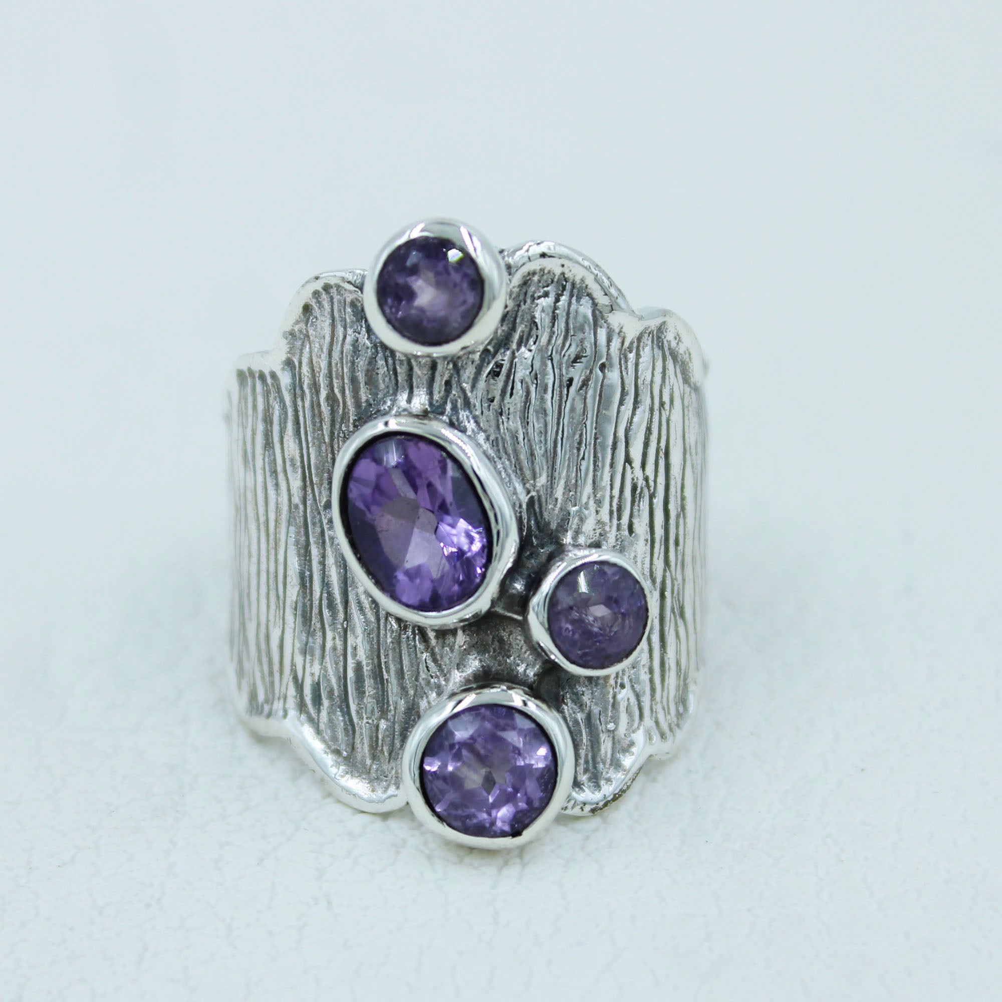 February Birthstone Amethyst 925 Silver Textured Ring