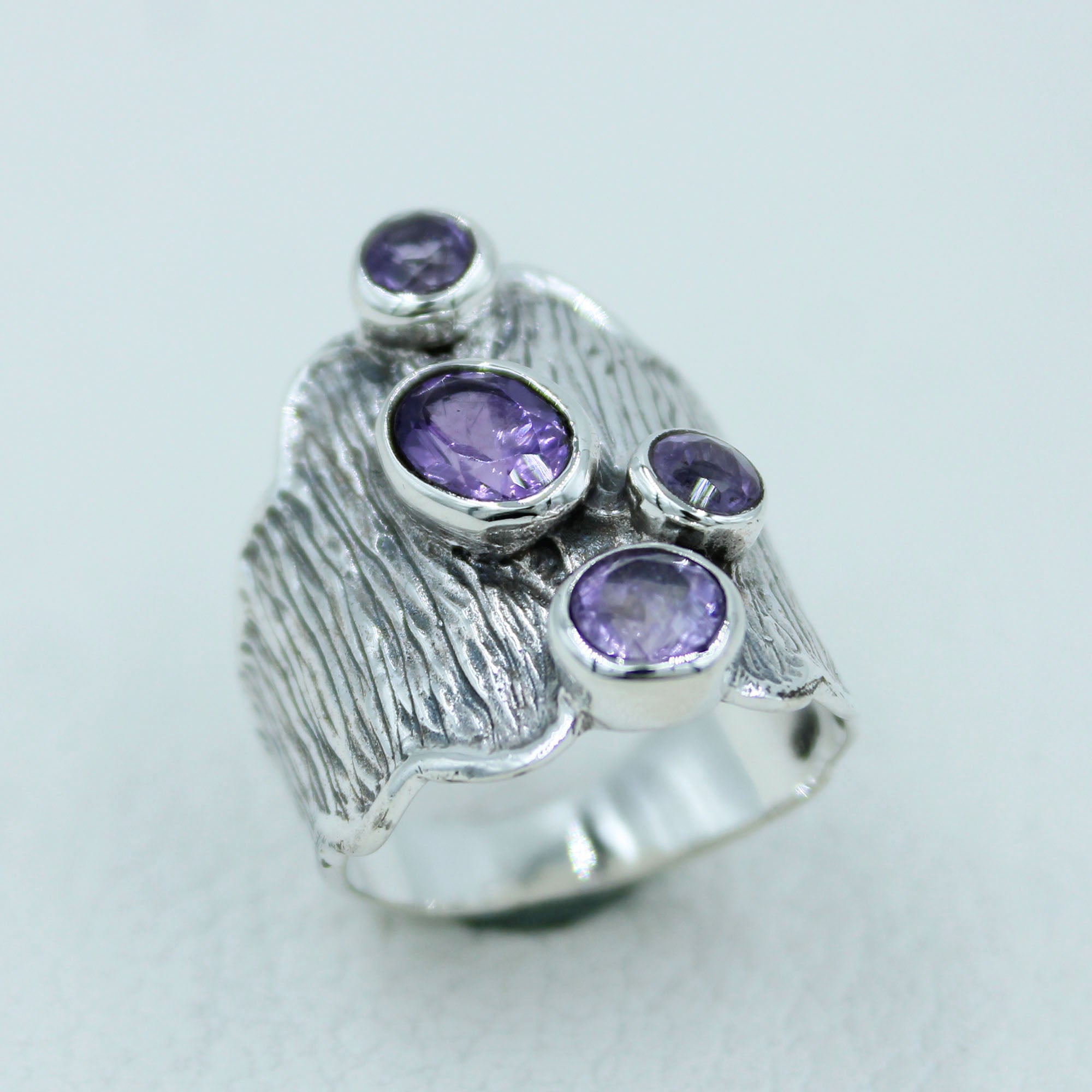 February Birthstone Amethyst 925 Silver Textured Ring