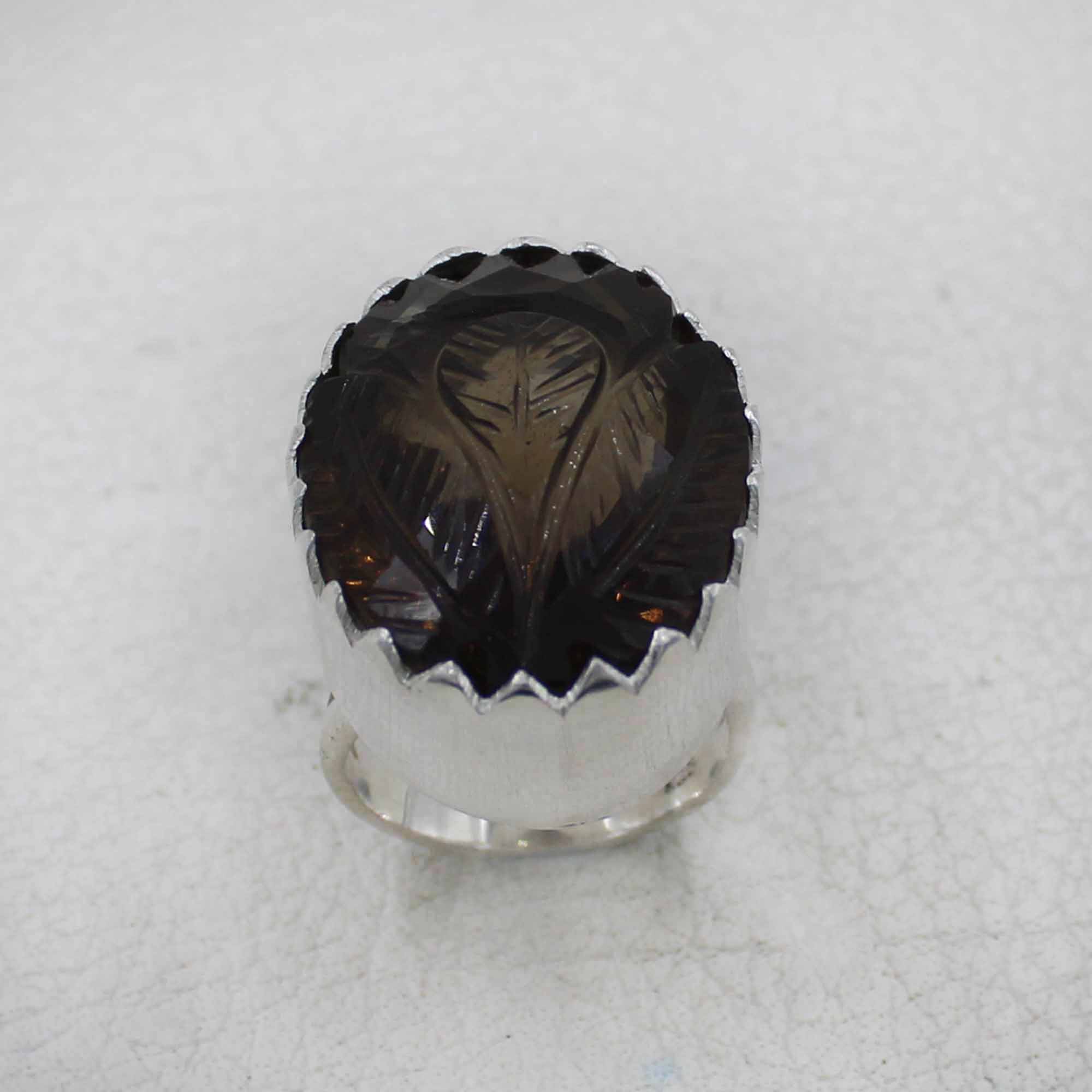 Hand-Carved Smoky Quartz Oval Ring