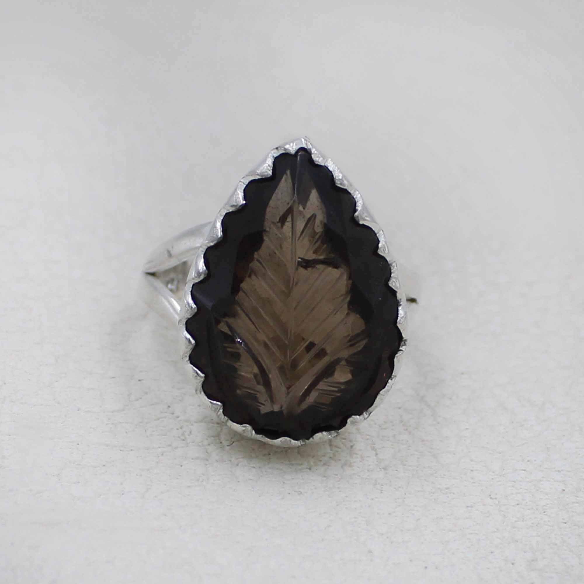 Hand-Carved Leaf Pattern Smoky Quartz Ring in Silver