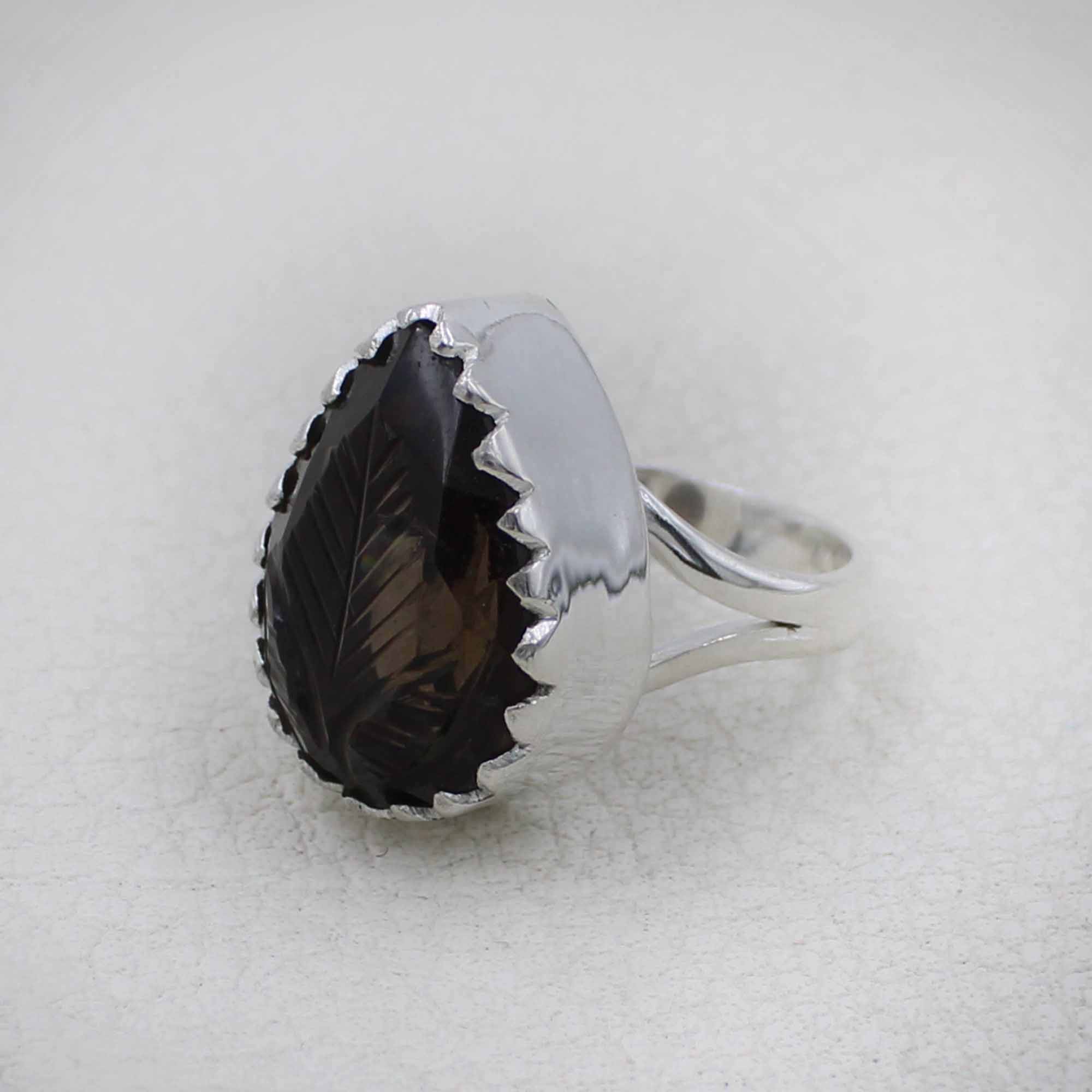 Hand-Carved Leaf Pattern Smoky Quartz Ring in Silver