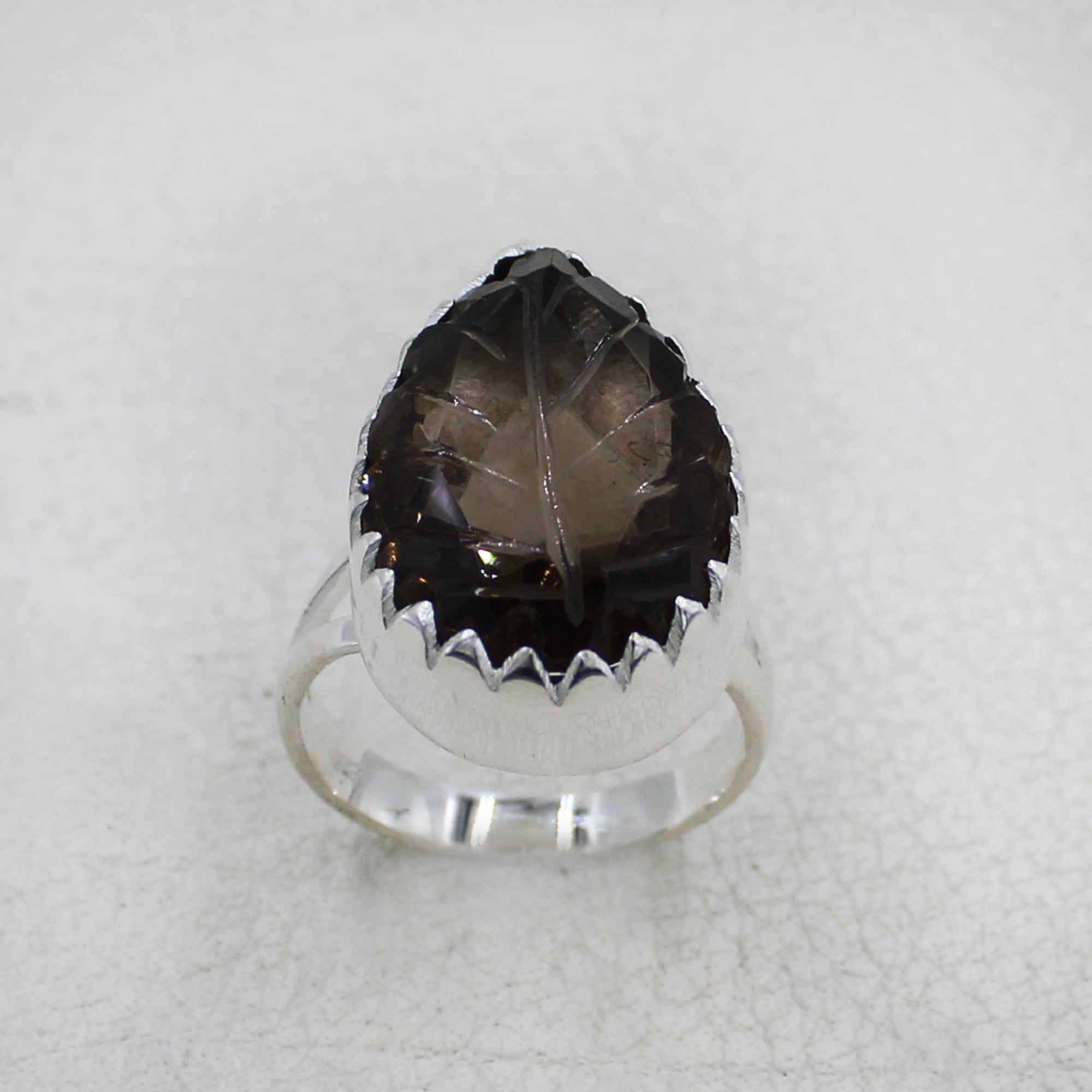Sterling Silver Ring with Carved Smoky Quartz Gemstone