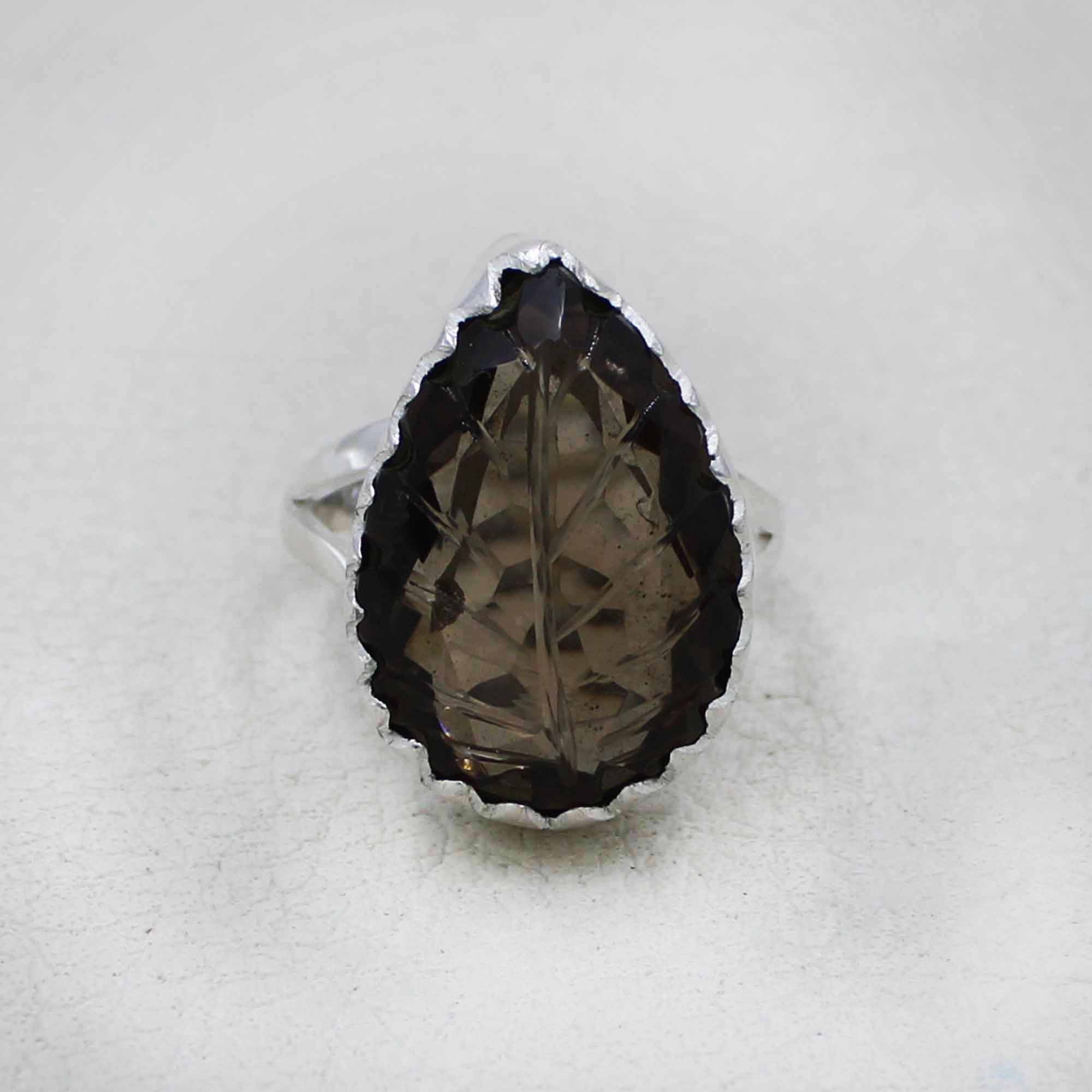 Sterling Silver Ring with Carved Smoky Quartz Gemstone
