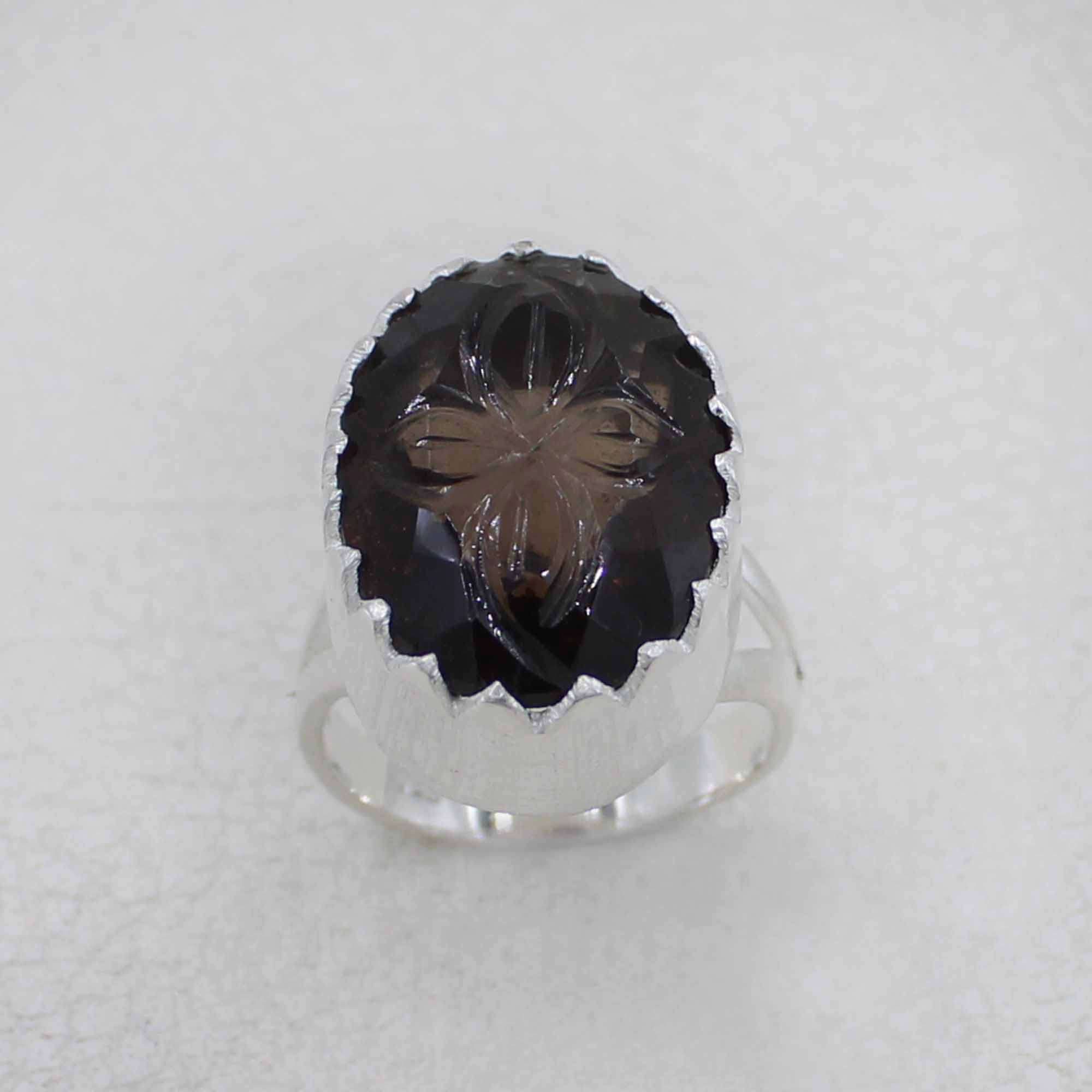 Artisan-Carved Smoky Quartz Ring with Silver Setting