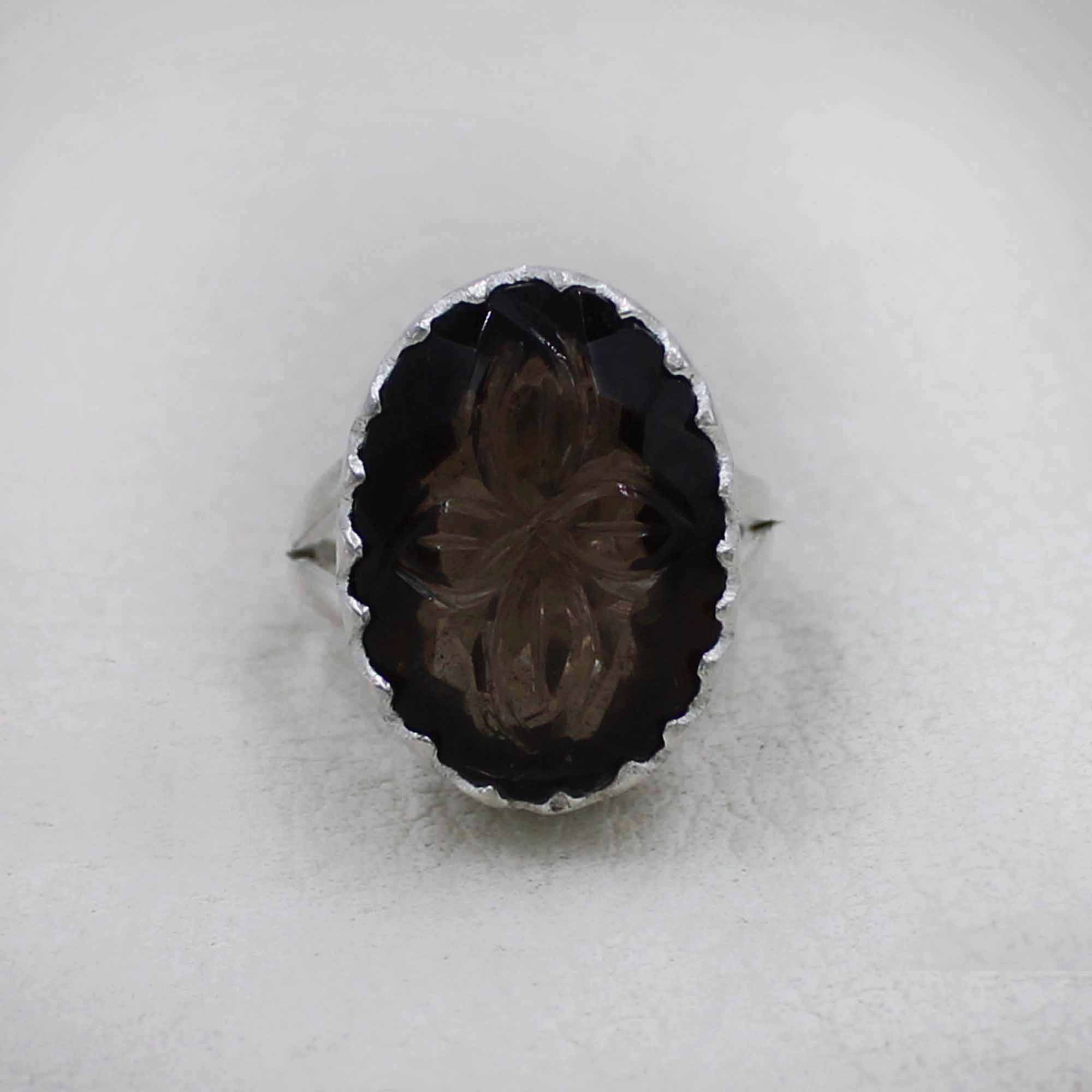 Artisan-Carved Smoky Quartz Ring with Silver Setting