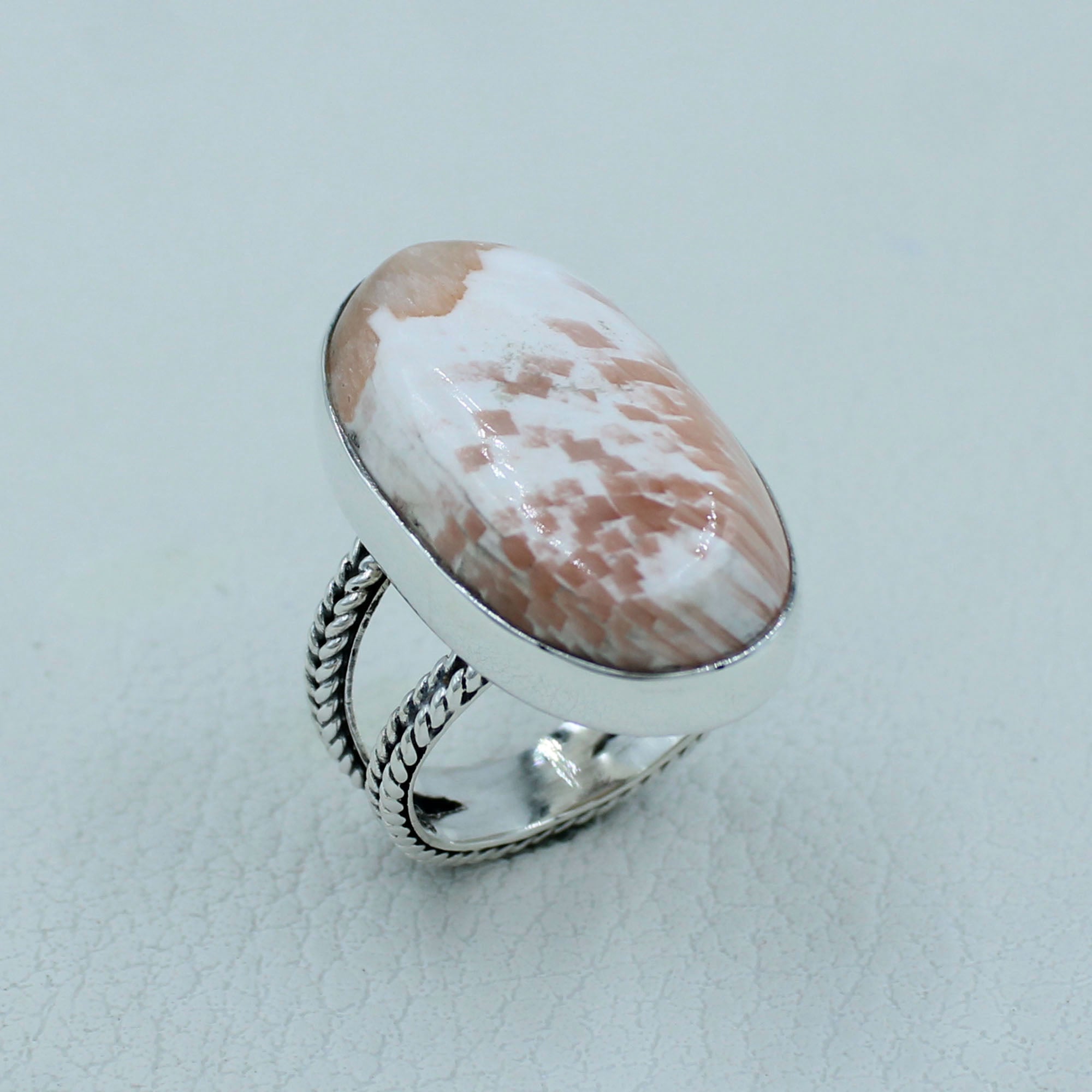 925 Sterling Silver Pink Scolecite Ring