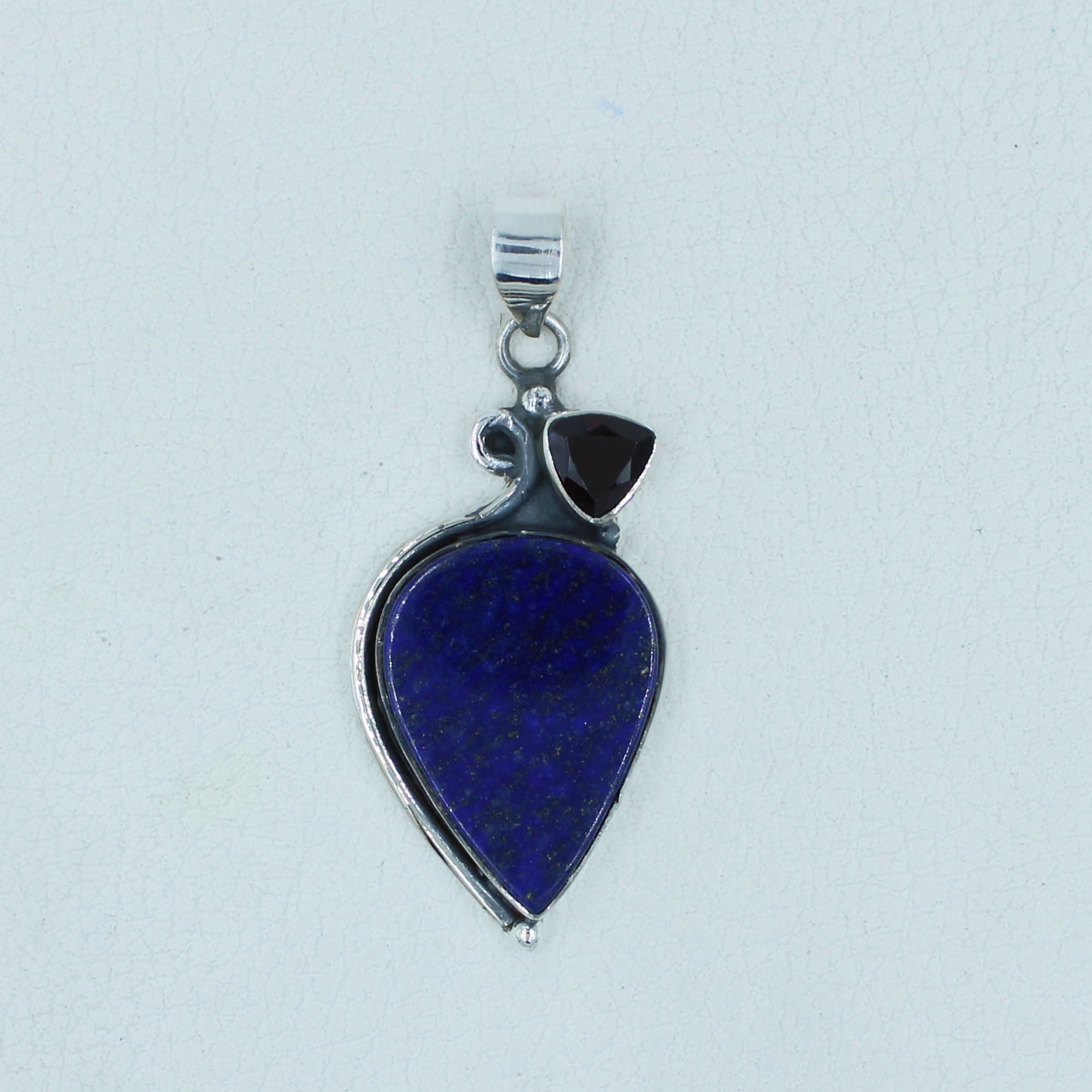 Blue Lapis Lazuli, Garnet Pendant in Sterling Silver