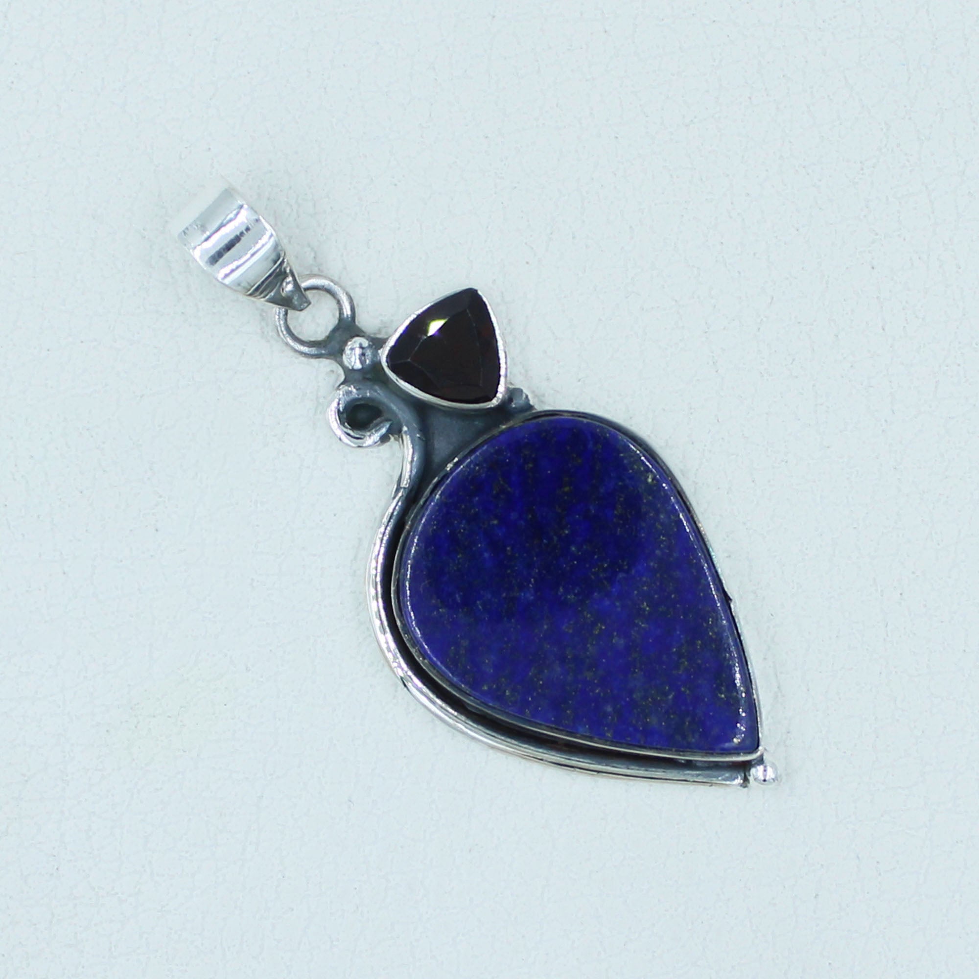 Blue Lapis Lazuli, Garnet Pendant in Sterling Silver