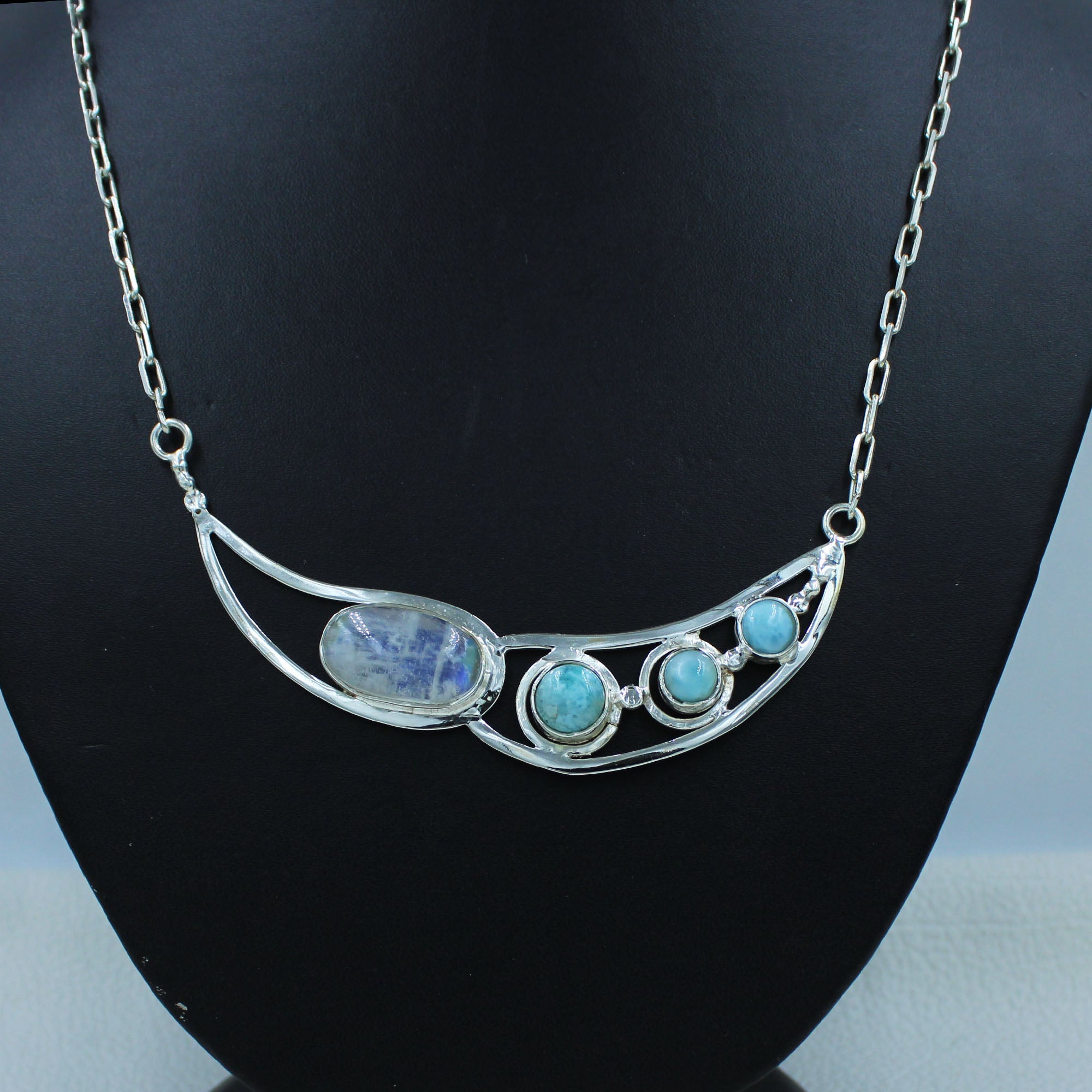 Rainbow Moonstone and Larimar Sterling Silver Necklace