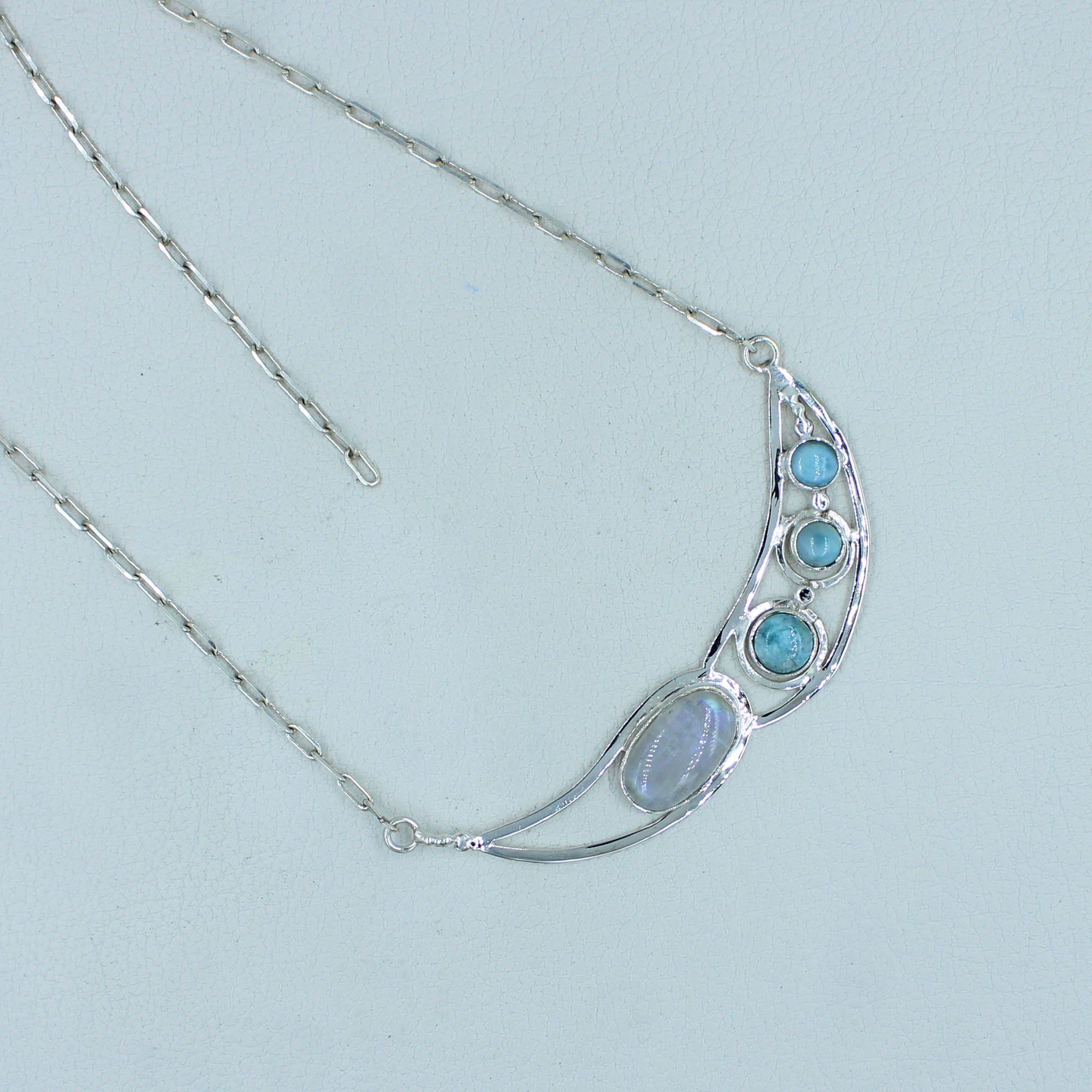 Rainbow Moonstone and Larimar Sterling Silver Necklace