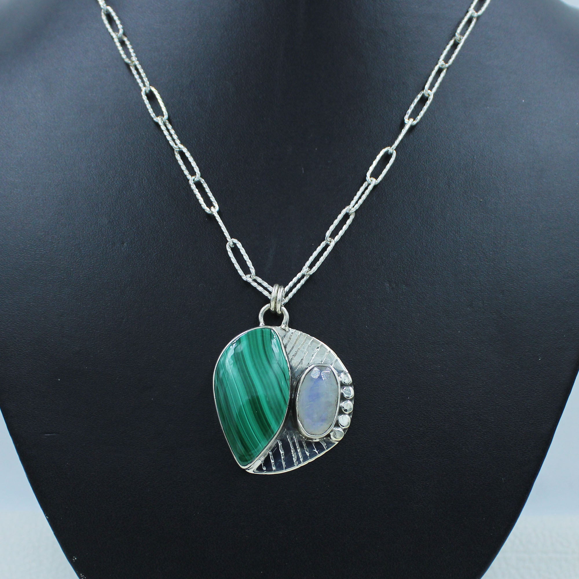 Green Malachite with Moonstone Silver Necklace