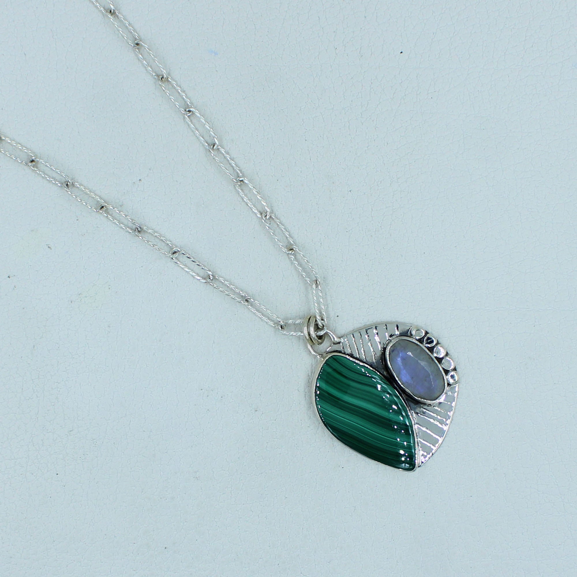 Green Malachite with Moonstone Silver Necklace