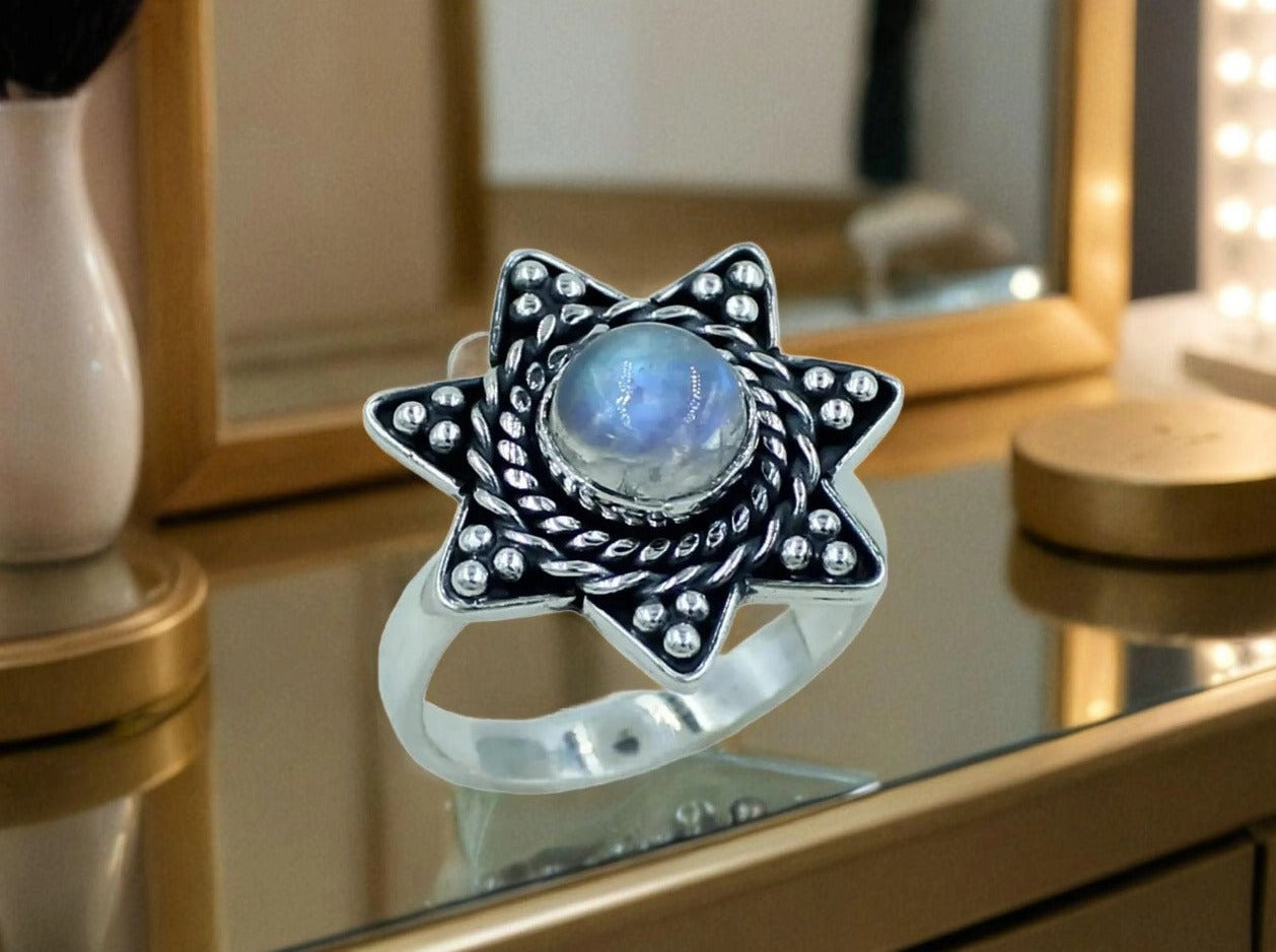 Rainbow Moonstone Designer Sterling Silver Ring