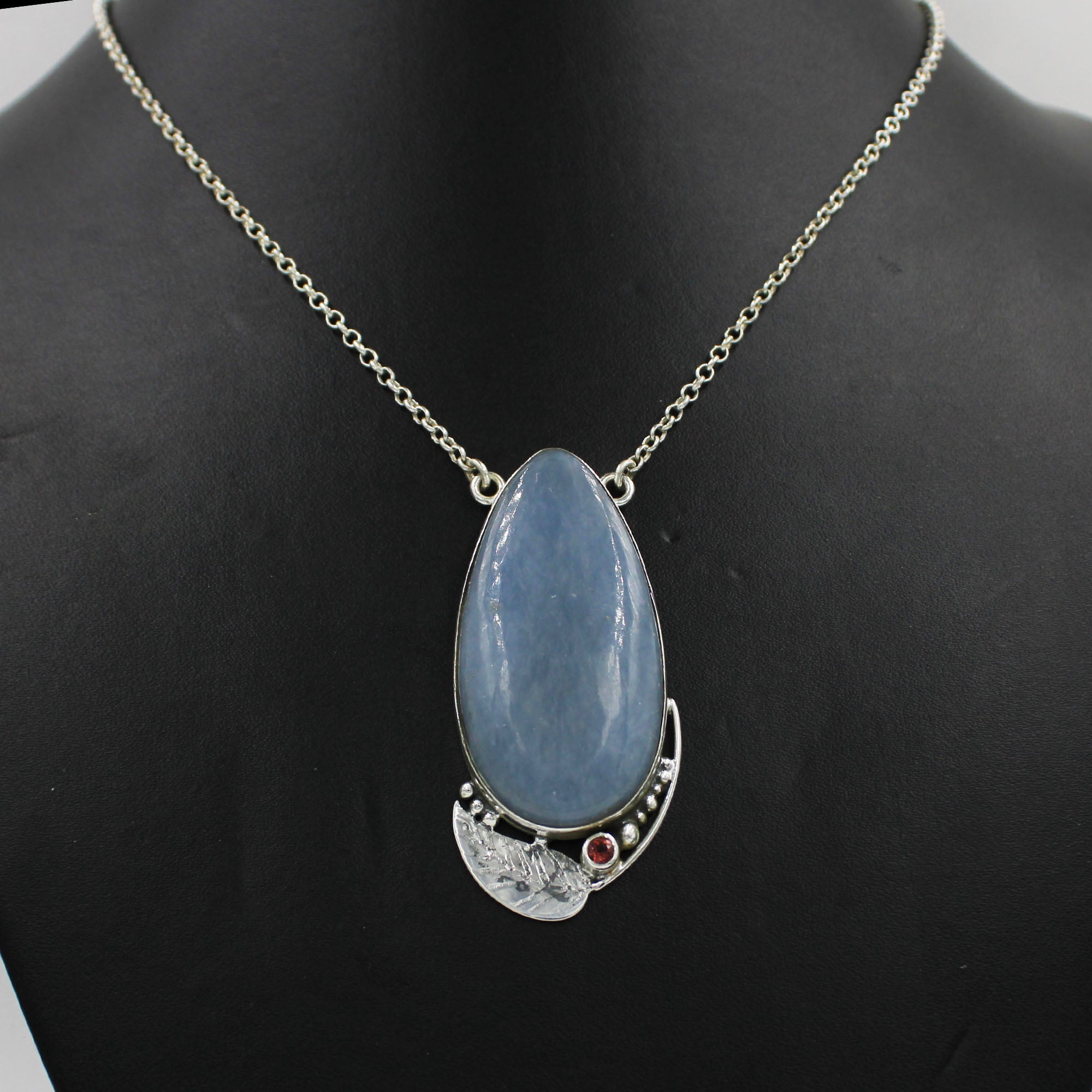 Pear Shape Blue Opal Cabochon Sterling Silver Chain Necklace