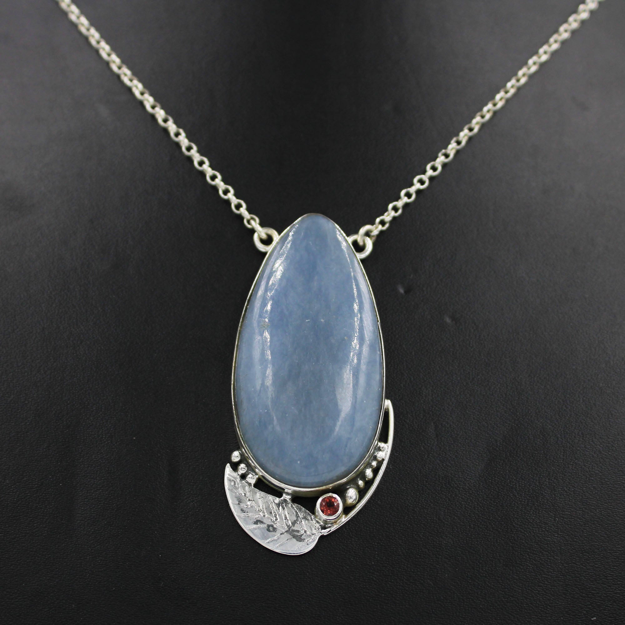 Pear Shape Blue Opal Cabochon Sterling Silver Chain Necklace