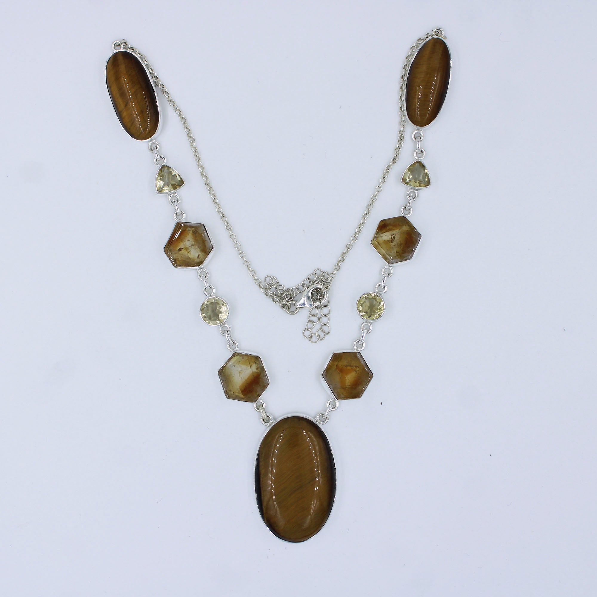 Natural Tiger Eye, Citrine Gemstone Sterling Silver Necklace