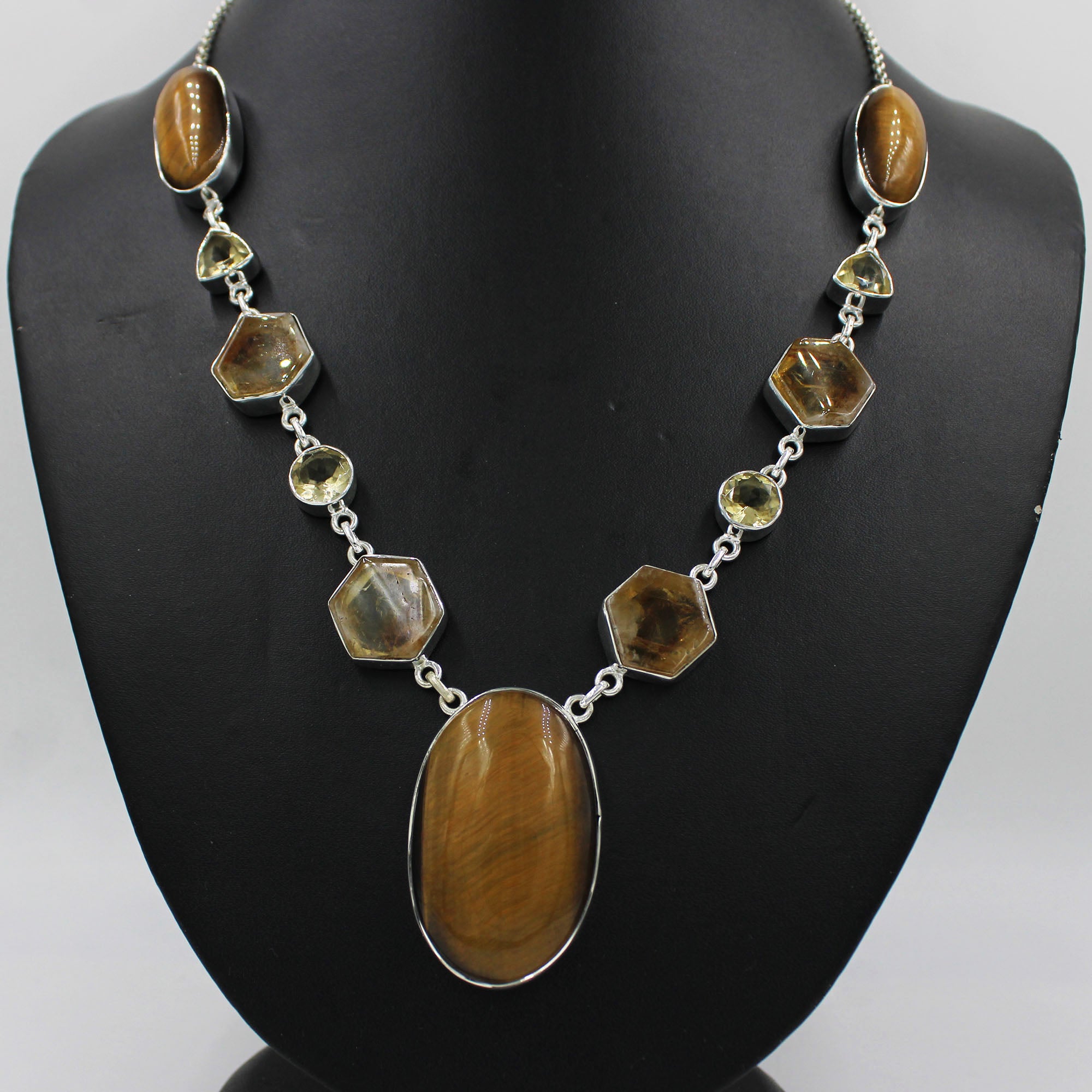 Natural Tiger Eye, Citrine Gemstone Sterling Silver Necklace