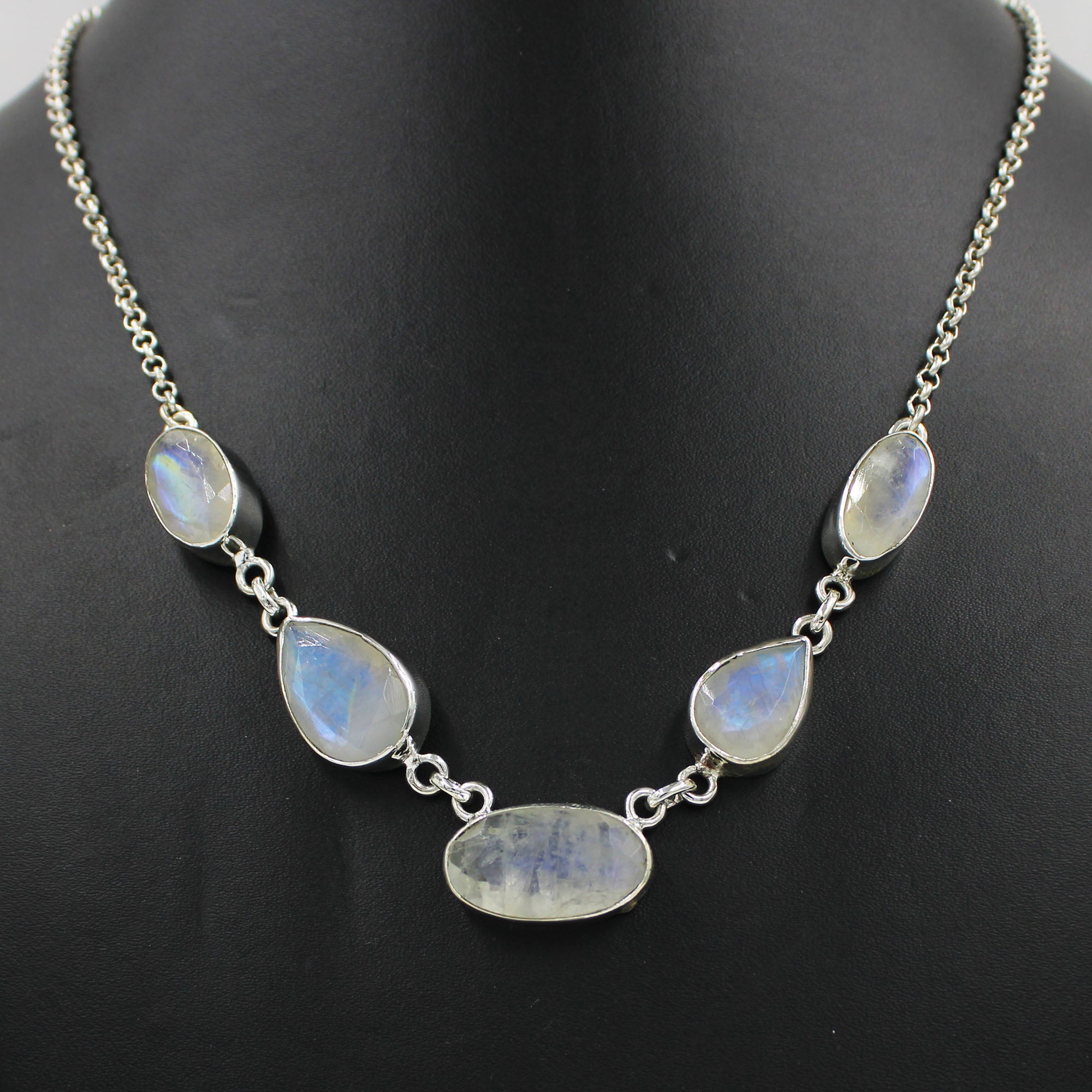 Dainty Rainbow Moonstone Sterling Silver Chain Necklace