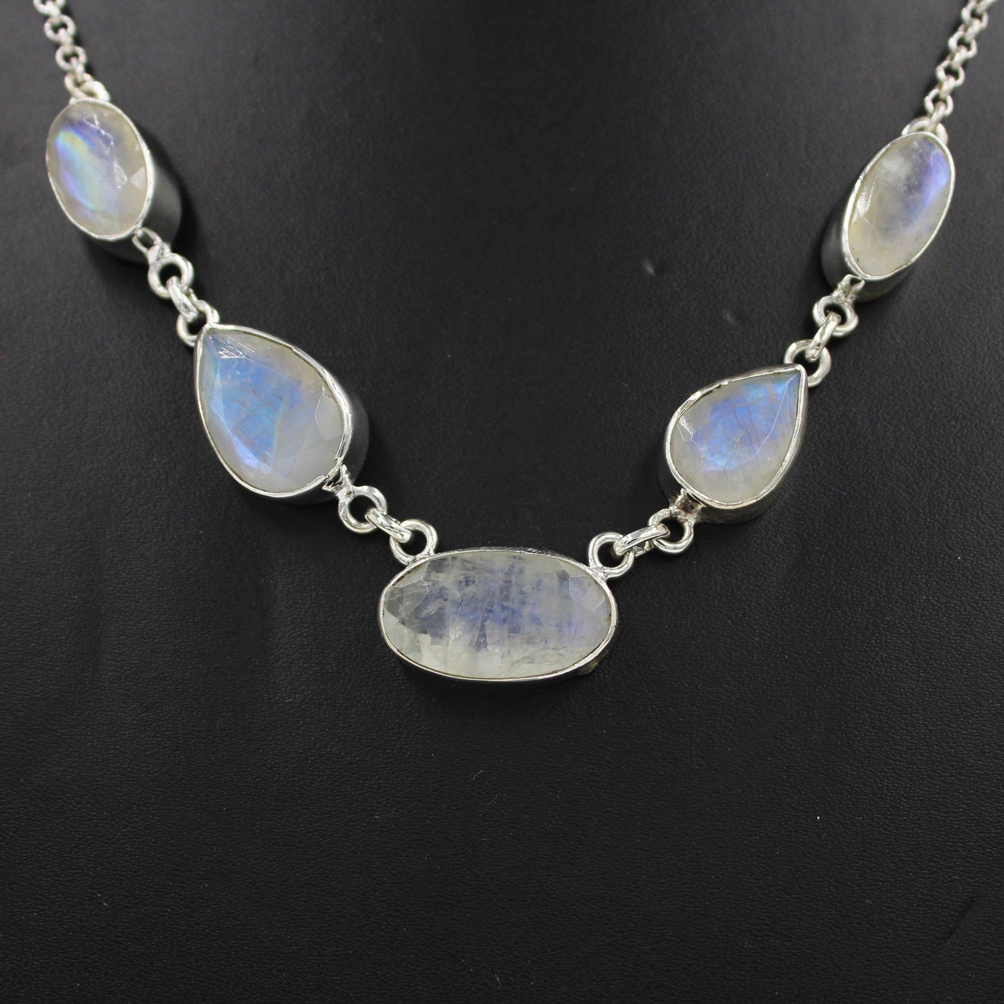 Dainty Rainbow Moonstone Sterling Silver Chain Necklace