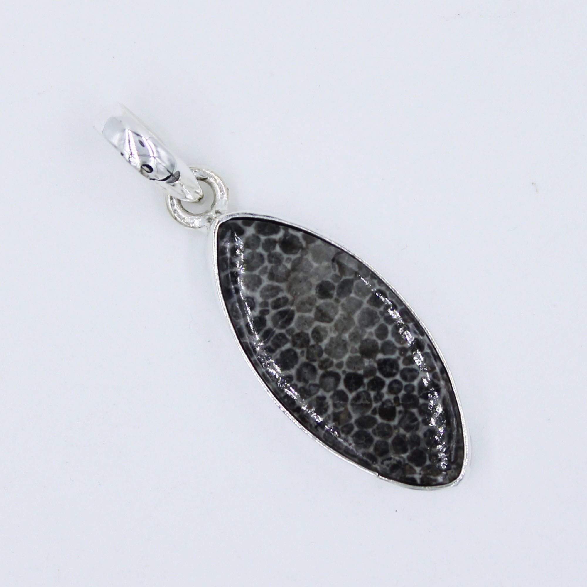 Marquise Shape Black Coral Silver Pendant