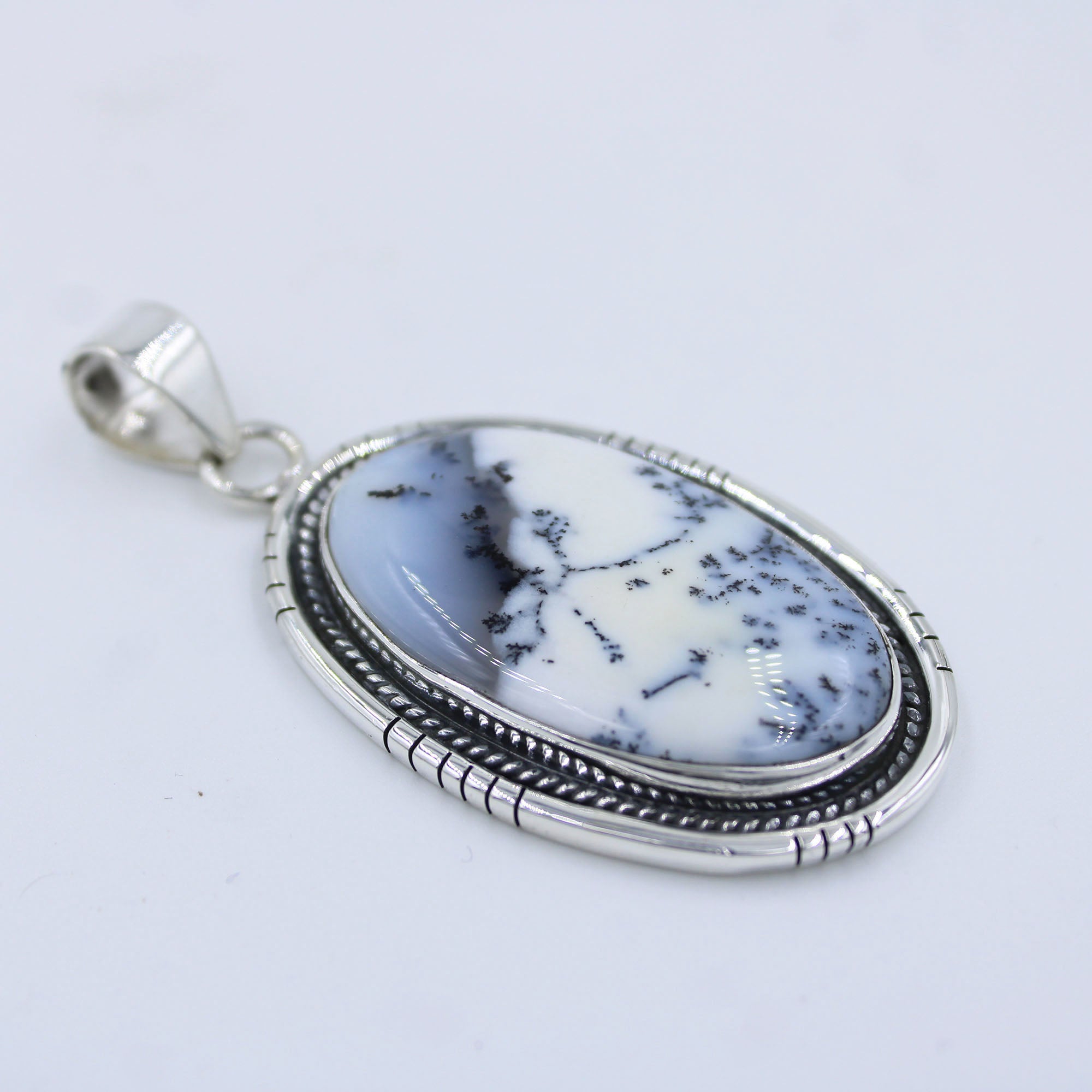 Black and White Agate Pendant - Dendritic Opal Silver Jewelry