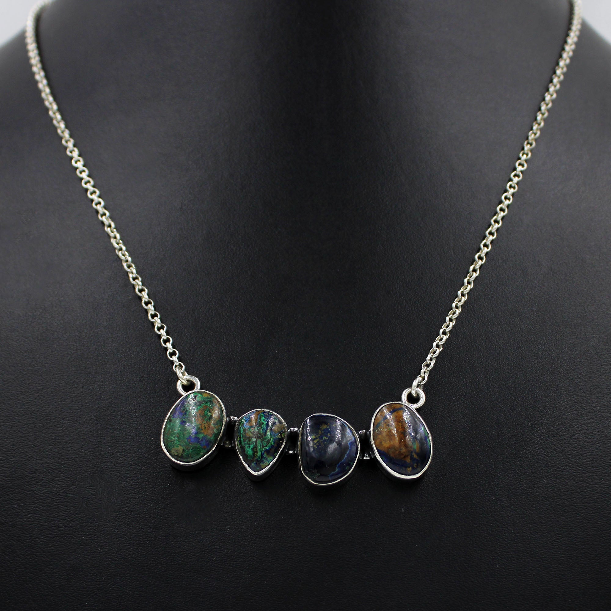 Azurite Malachite Gemstone Silver Chain Necklaces