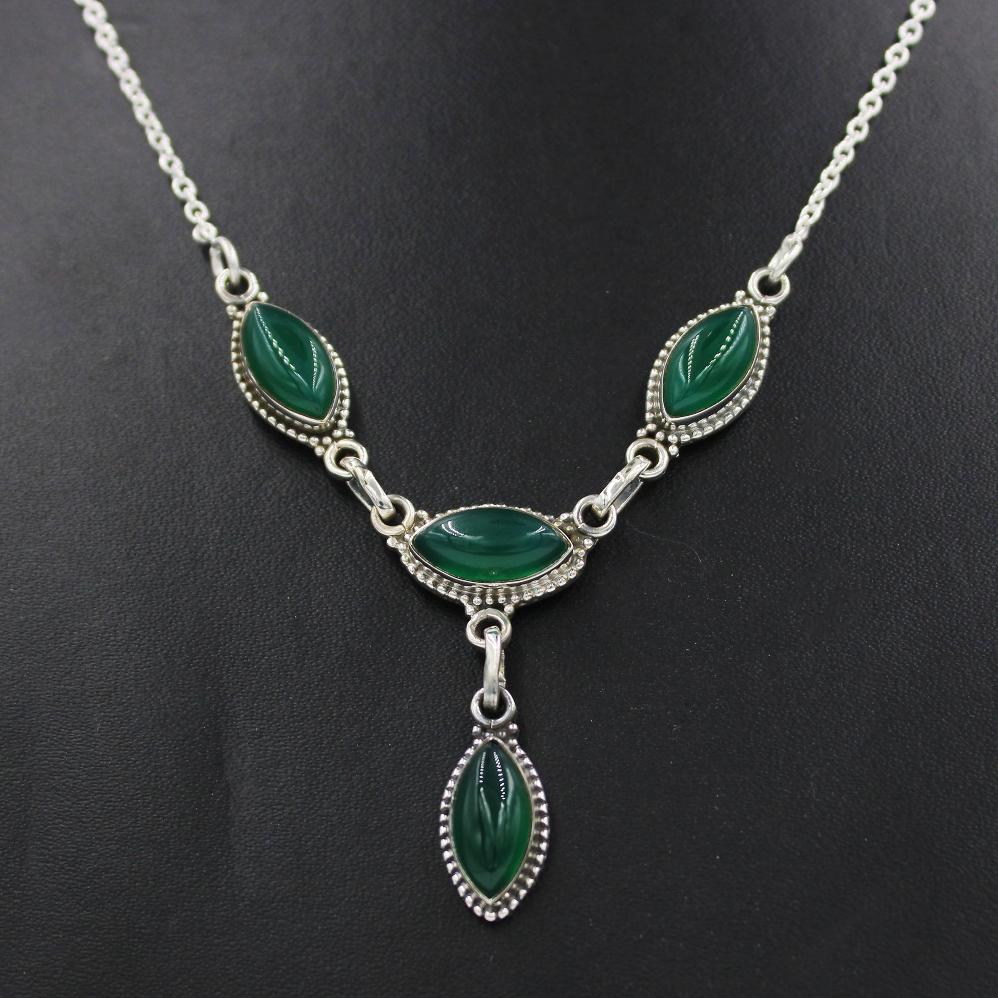 Green Onyx Marquise 925 Silver Necklace