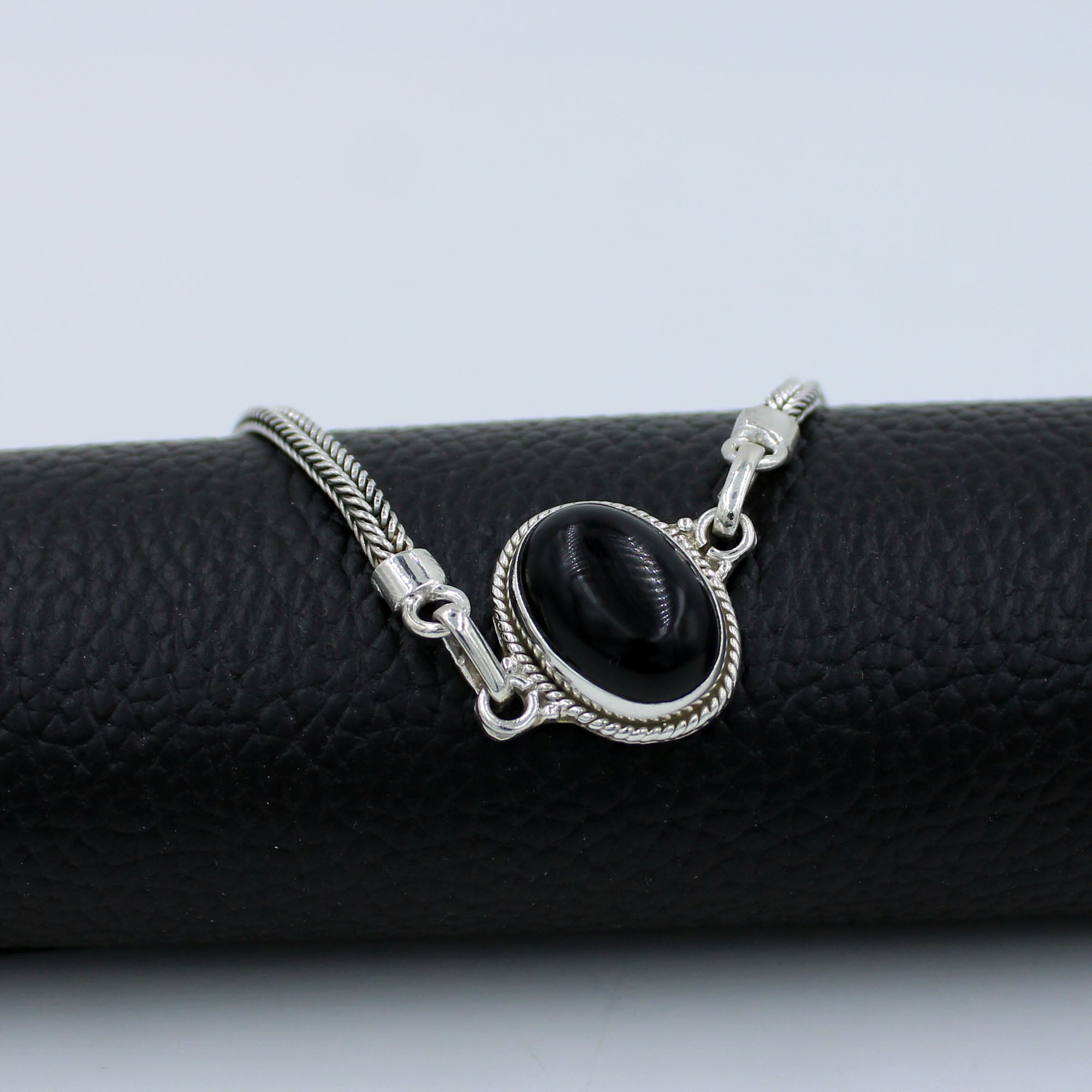 Genuine Black Onyx Gemstone 925 Sterling Silver Bracelet