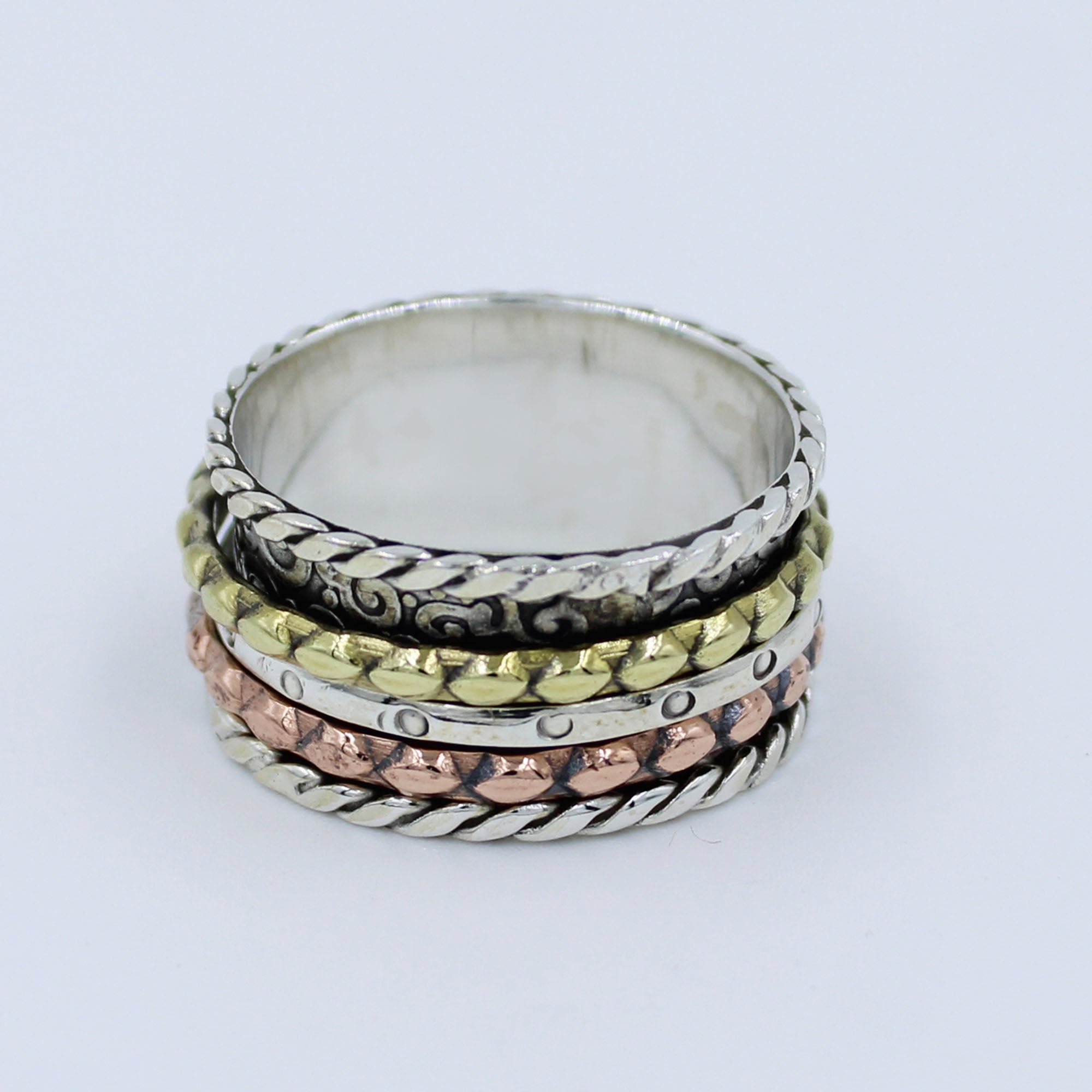 Three Tone Hammered Band 925 Silver Ring