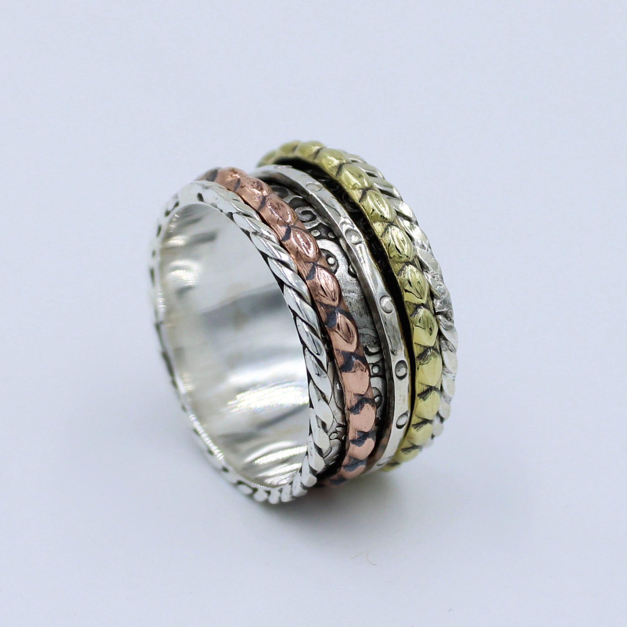 Three Tone Hammered Band 925 Silver Ring