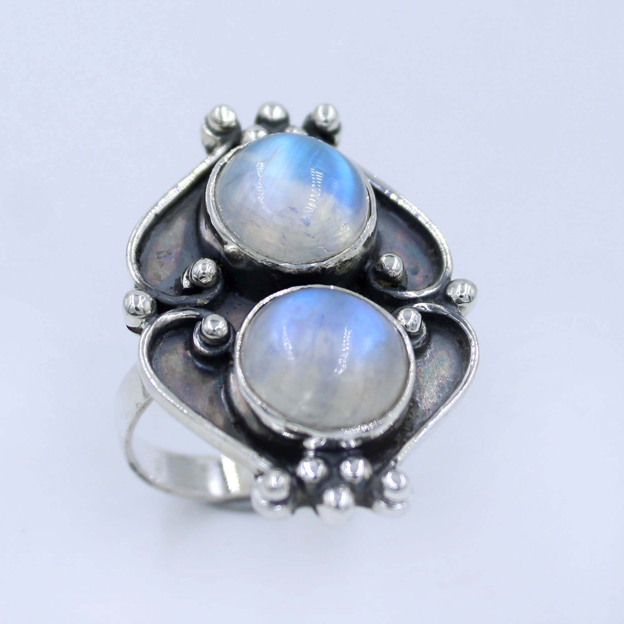 Blue Fire Moonstone Sterling Silver Ring