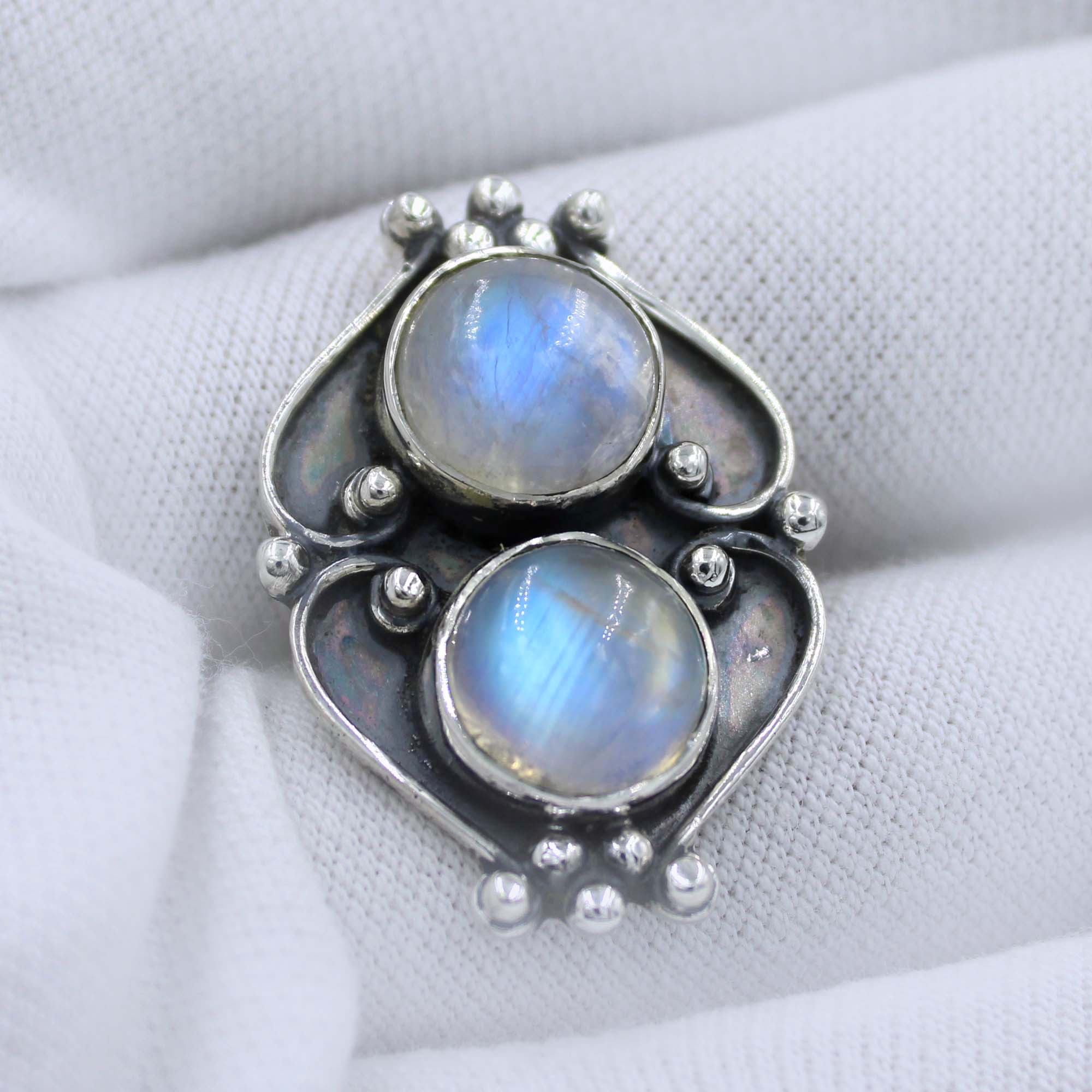 Blue Fire Moonstone Sterling Silver Ring